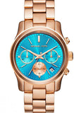 Michael Kors Runway Chronograph Turquoise Dial Rose Gold Steel Strap Watch For Women - MK6164 Authentic Buy Shop Now