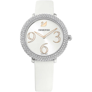 Swarovski Crystal Frost Silver Dial White Leather Strap Watch for Women - 5484070 Authentic Buy Shop Now