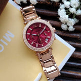 Michael Kors Parker Chronograph Red Dial Rose Gold Steel Strap Watch For Women - MK6106 Authentic Buy Shop Now