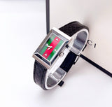 Gucci G-Frame Mother of Pearl Green & Red Dial Black Leather Strap Watch For Women - YA147403 Authentic Buy Shop Now