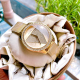 Guess Tri Glitz Quartz Diamonds Gold Dial Gold Mesh Bracelet Watch For Women - W1142L2 Authentic Buy Shop Now