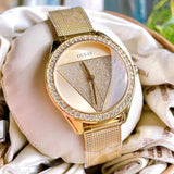 Guess Tri Glitz Quartz Diamonds Gold Dial Gold Mesh Bracelet Watch For Women - W1142L2 Authentic Buy Shop Now