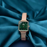 Daniel Wellington Quadro Studio Green Dial Rose Gold Mesh Strap Watch For Women - DW00100520 Authentic Buy Shop Now