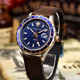 Versace Hellenyium GMT Blue Dial Brown Leather Strap Watch for Men - V11080017 Authentic Buy Shop Now