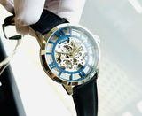 Fossil Townsman Automatic Skeleton Blue Dial Black Leather Strap Watch for Men - ME3200 Authentic Buy Shop Now