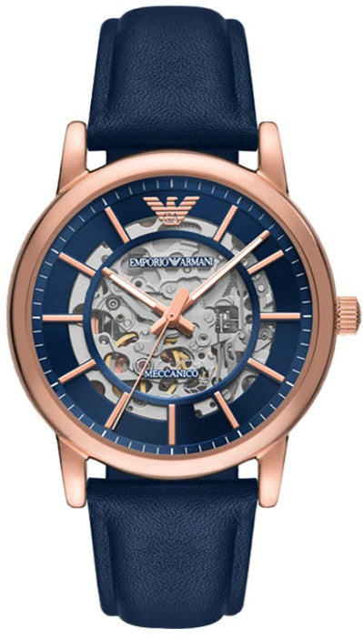 Emporio Armani Meccanico Automatic Blue Dial Blue Leather Strap Watch For Men - AR60050 Authentic Buy Shop Now