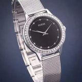 Guess Chelsea Crystals Black Dial Silver Mesh Bracelet Watch For Women - W0647L5 Authentic Buy Shop Now