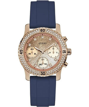 Guess Confetti Diamonds Gold Dial Blue Rubber Strap Watch For Women - W1098L6 Authentic Buy Shop Now