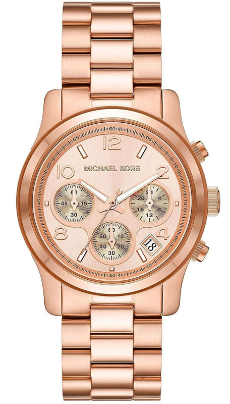 Michael Kors Runway Chronograph Rose Gold Dial Rose Gold Steel Strap Watch For Women - MK7324 Authentic Buy Shop Now