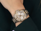 Guess Frontier Chronograph Crystals Gold Dial Two Tone Steel Strap Watch For Women - W1156L5 Authentic Buy Shop Now