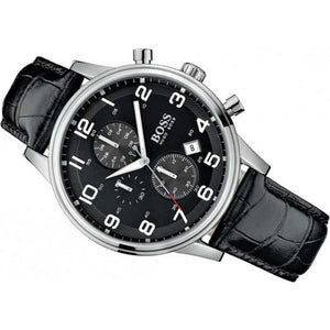 Hugo Boss Aeroliner Chronograph Quartz Black Dial Black Leather Strap Watch For Men - HB1512448 Authentic Buy Shop Now
