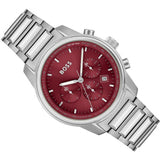Hugo Boss Trace Chronograph Red Dial Silver Steel Strap Watch For Men - 1514004 Authentic Buy Shop Now