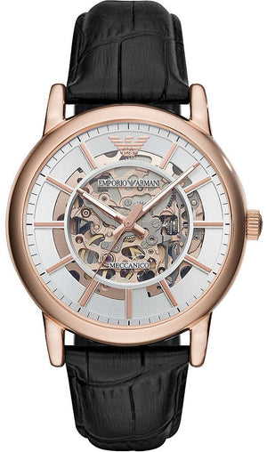 Emporio Armani Luigi Skeleton Silver Dial Black Leather Strap Watch For Men - AR60007 Authentic Buy Shop Now
