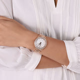 Michael Kors Lilane Three Hand Mother of Pearl White Dial Rose Gold Steel Strap Watch For Women - MK4557 Authentic Buy Shop Now