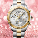 Tissot PR 100 Sport Chic Chronograph Silver Dial Two Tone Steel Strap Watch For Women - T101.917.22.031.00 Authentic Buy Shop Now